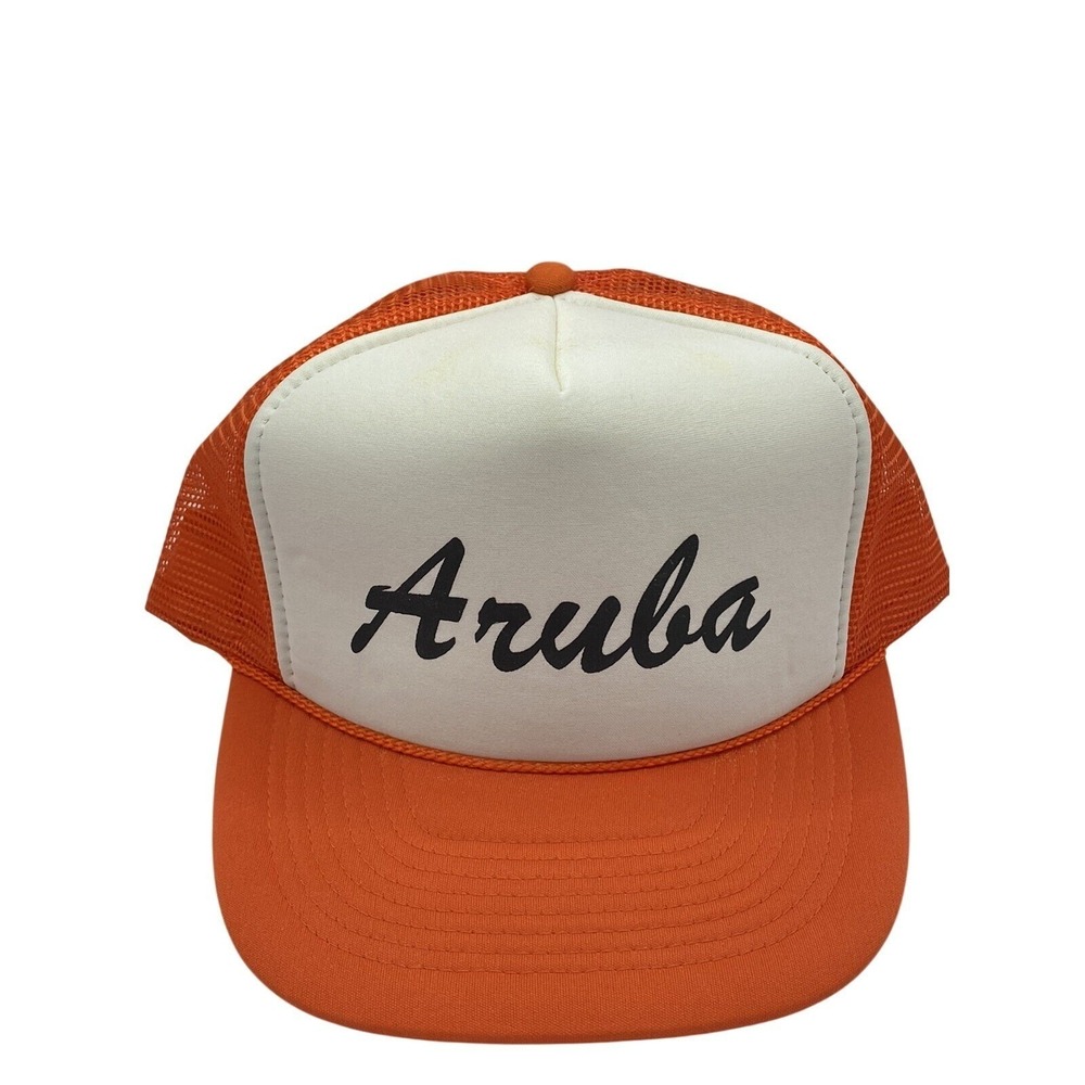 Vintage Nissun Aruba Trucker Hat Orange White Mesh Snapback Cap 90s Souvenir